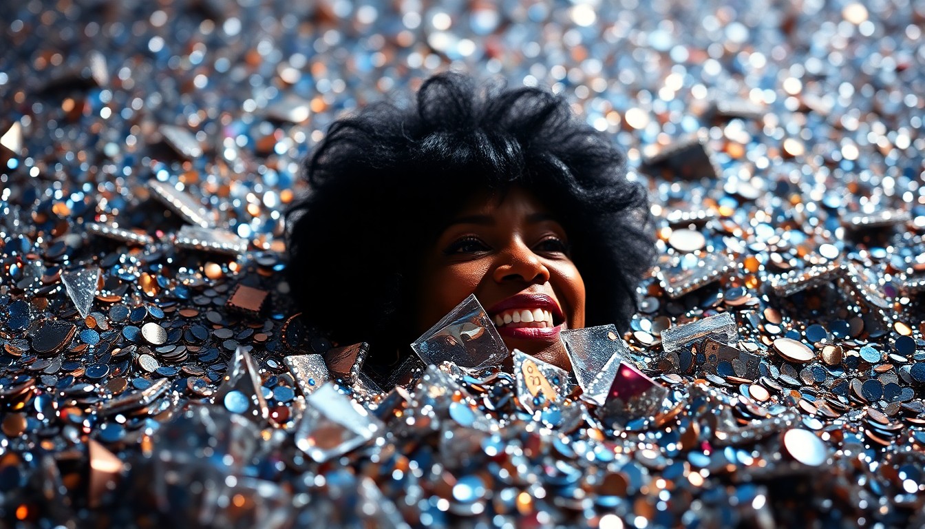 An extreme close-up of glittering sequins and shattered disco glass, reflecting dramatic studio lighting and conceptually representing the vibrant energy and timeless glamour of Aretha Franklin's iconic musical performance in the Blues Brothers film.