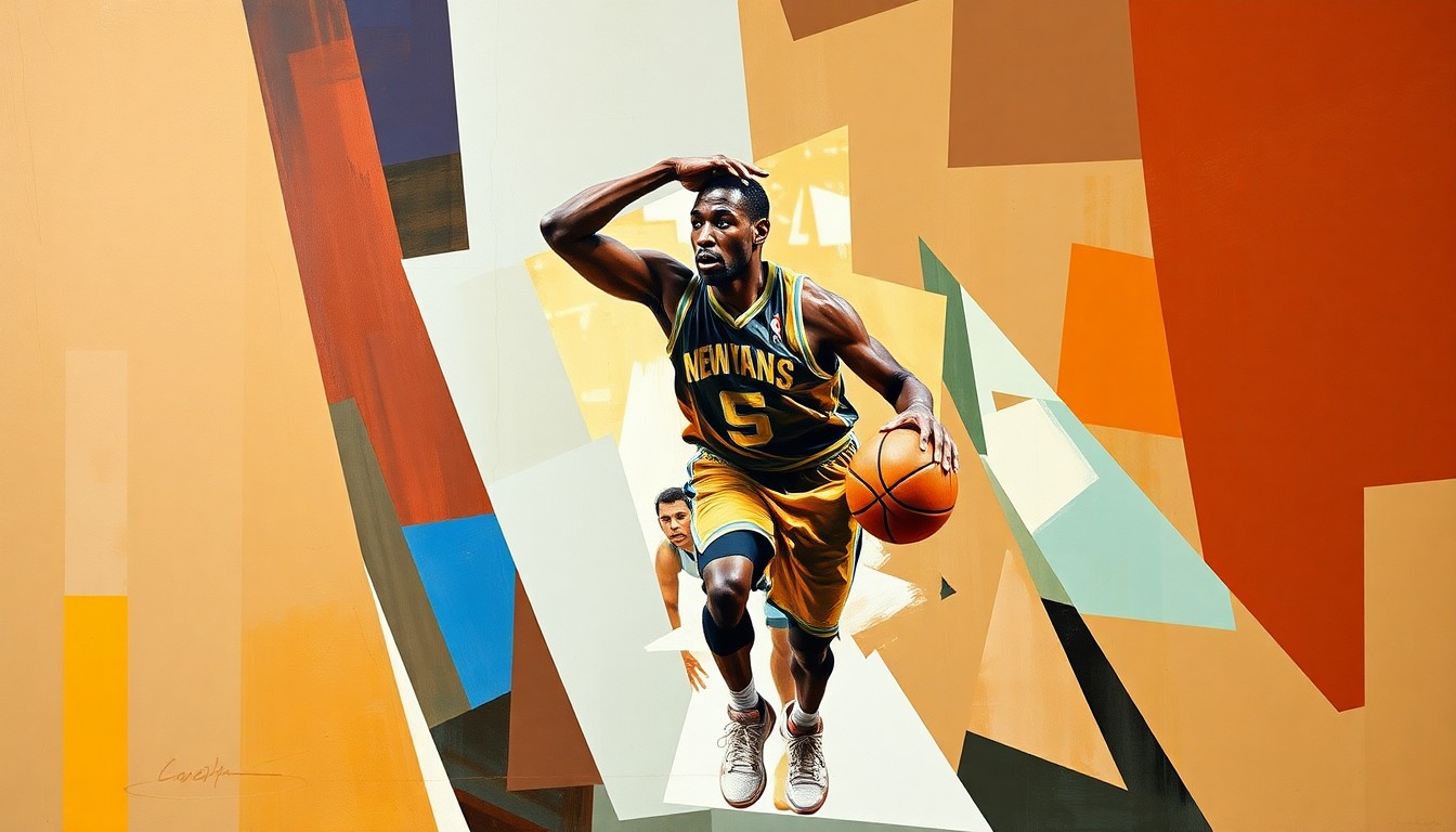 A cubist, geometric painting depicting a basketball player's movements and actions, with sharp, overlapping shapes and planes that capture the dynamic energy of the sport.