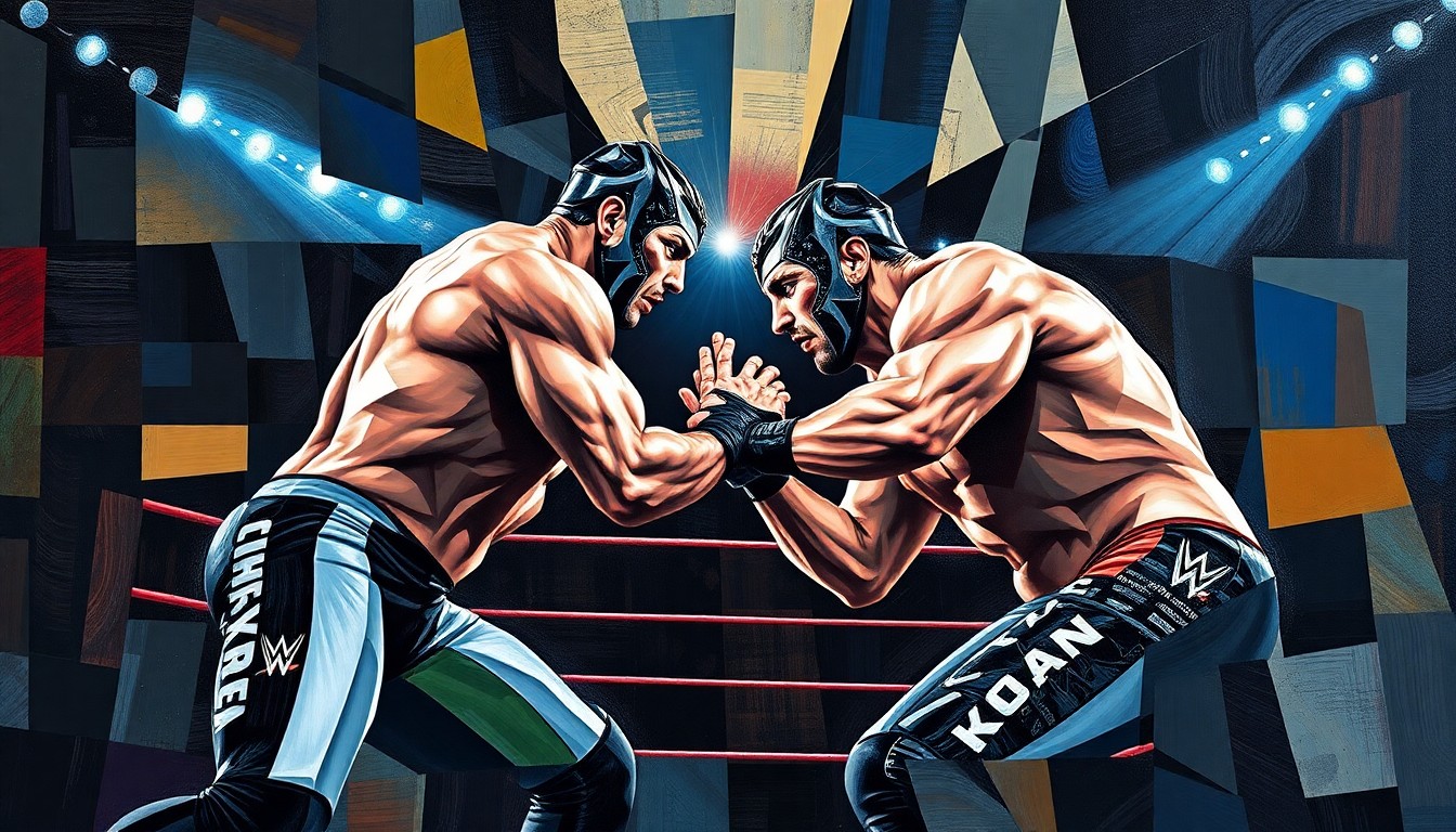 A cubist, geometric painting depicting a wrestling match between two figures, their bodies and movements fragmented and abstracted into sharp, overlapping planes of color and form, capturing the raw energy and tension of the competition.