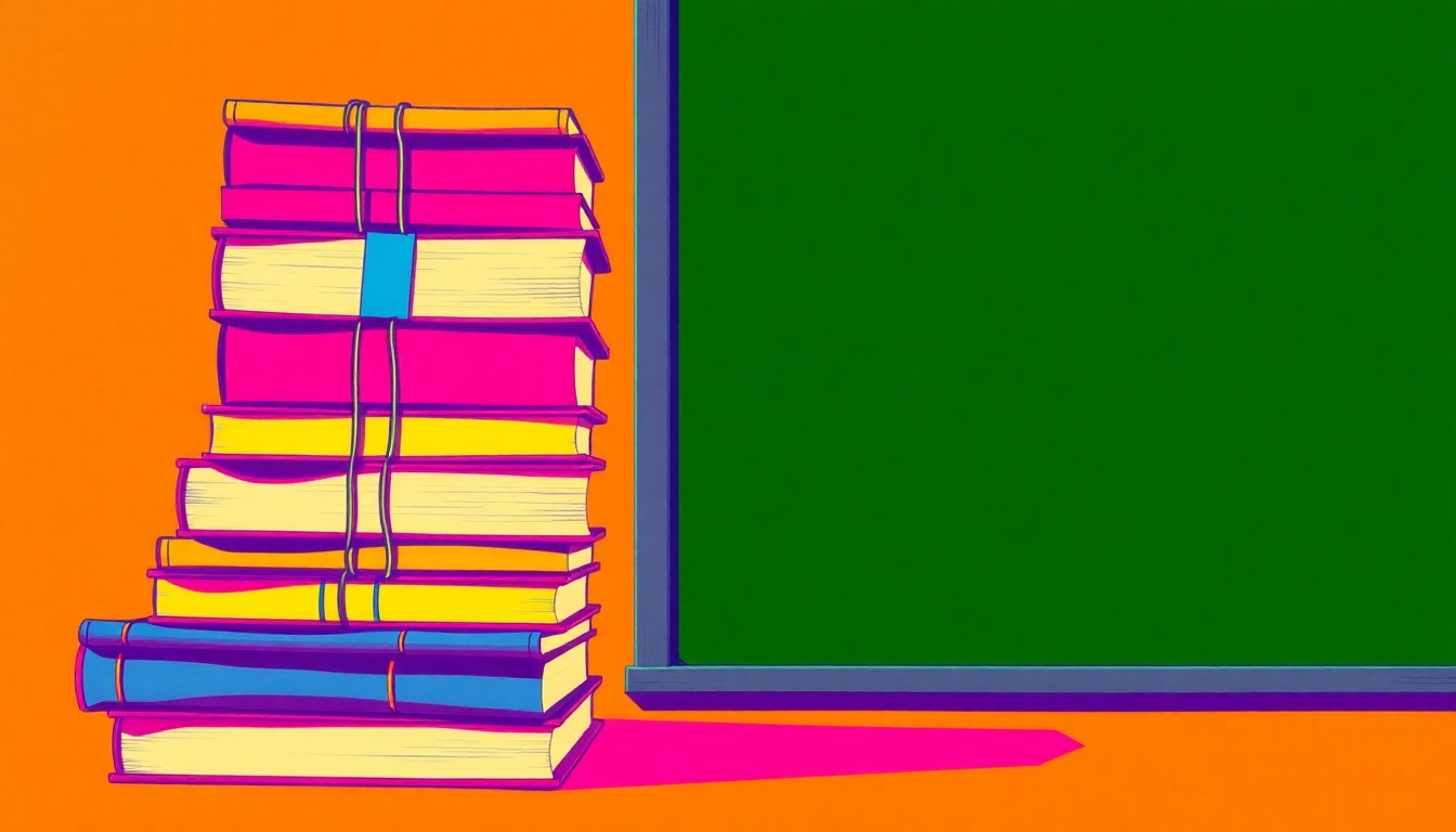 A bold, colorful silkscreen-style illustration featuring a repeating grid of textbooks and a chalkboard, representing the educational themes at the heart of this story about a teacher recruitment program facing possible defunding.