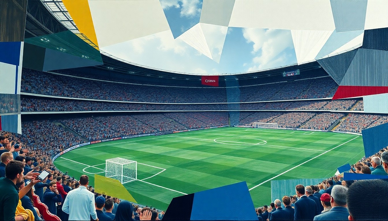 A cubist-style painting depicting a Scottish football match, with the players and field broken down into sharp, overlapping geometric shapes in a vibrant color palette.