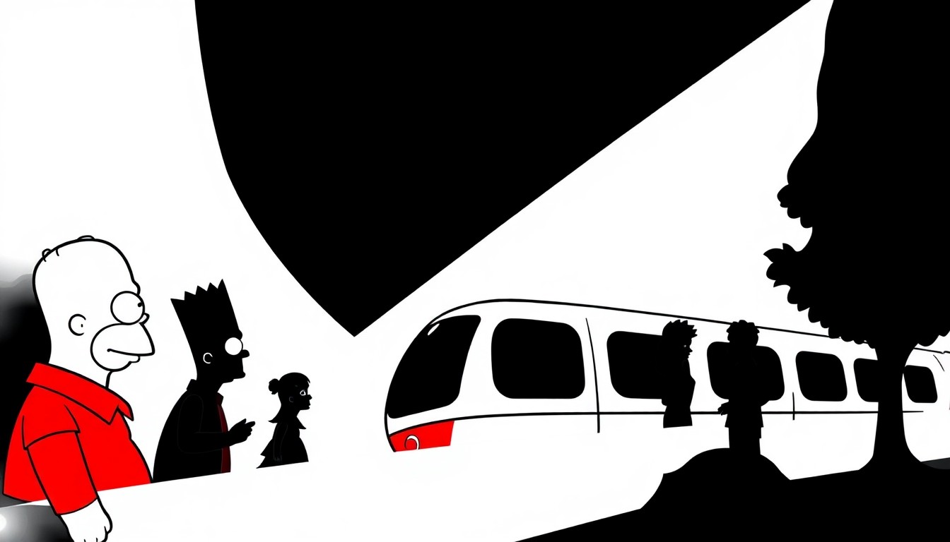 An abstract, minimalist illustration featuring bold, jagged geometric shapes in striking red and white, representing the iconic Simpsons characters and the monorail concept at the heart of the episode.