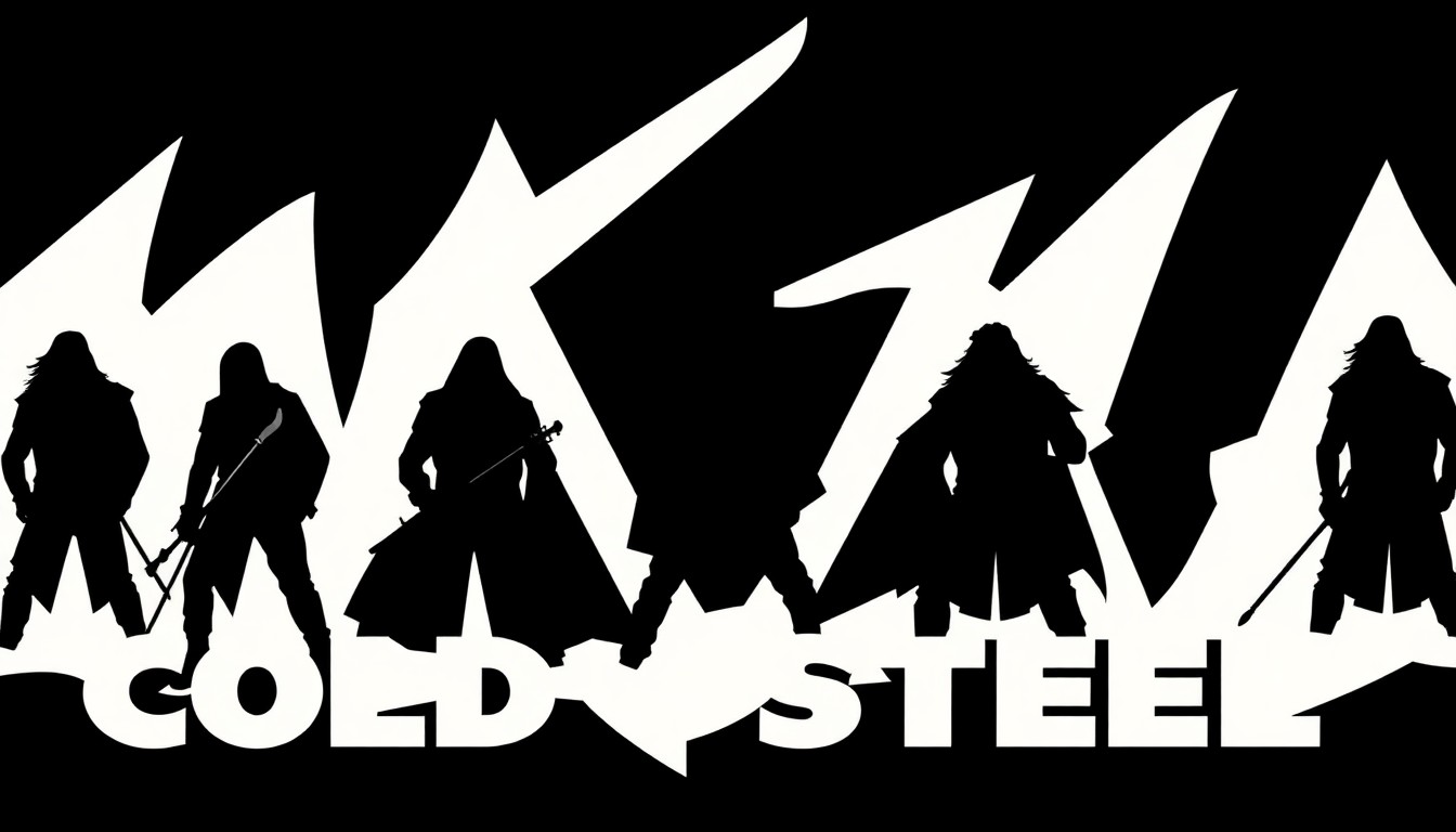 A striking black and white abstract composition featuring jagged, angular shapes and silhouettes, conveying the intense and powerful nature of the metal band Cold Steel's music.