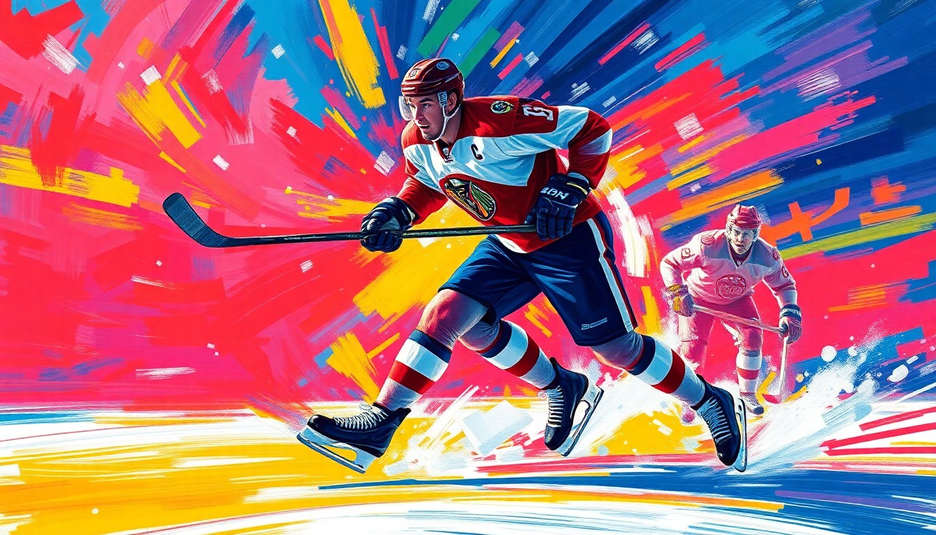 An abstract, expressionist painting in vibrant neon colors, capturing the dynamic movement and energy of a hockey player on the ice through bold, sweeping brushstrokes.