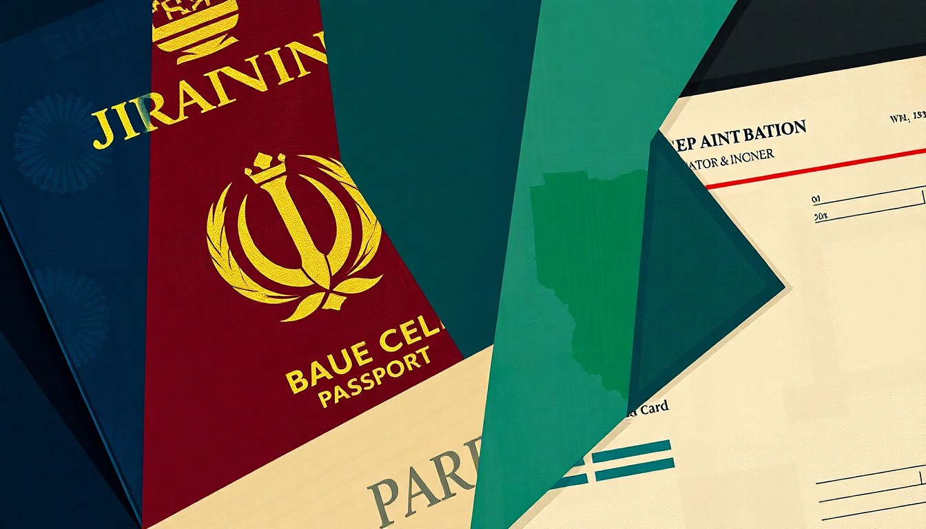 A conceptual illustration featuring overlapping, fragmented shapes and lines in shades of navy, red, and gold, representing the complex issue of Iranian regime members residing in the United States.