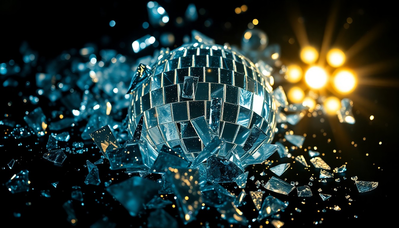 An abstract close-up image of shattered glass fragments sparkling under dramatic lighting, conceptually representing the fragility and pressure of celebrity performance.