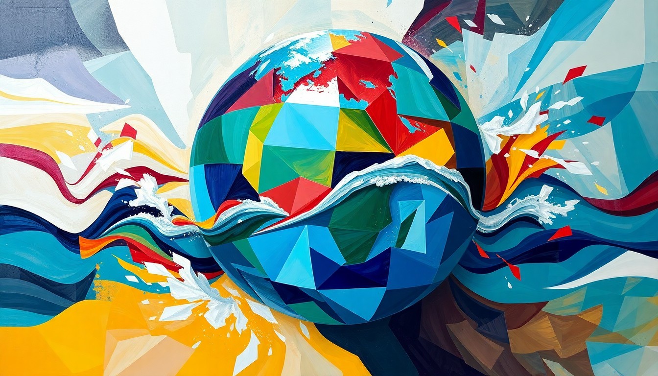 A dynamic, fragmented painting in bold colors depicting a spinning globe, conveying the unsettled global political landscape in the wake of Trump's actions.