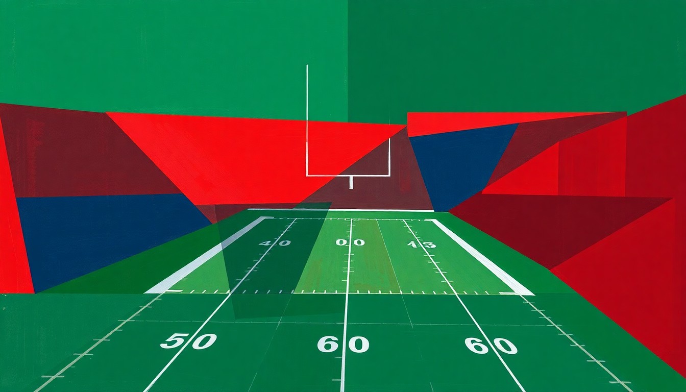 A cubist, geometric painting depicting a fragmented college football game, with overlapping planes of deep red, navy blue, and forest green, conveying the complex dynamics surrounding Wisconsin's athletic department leadership change.