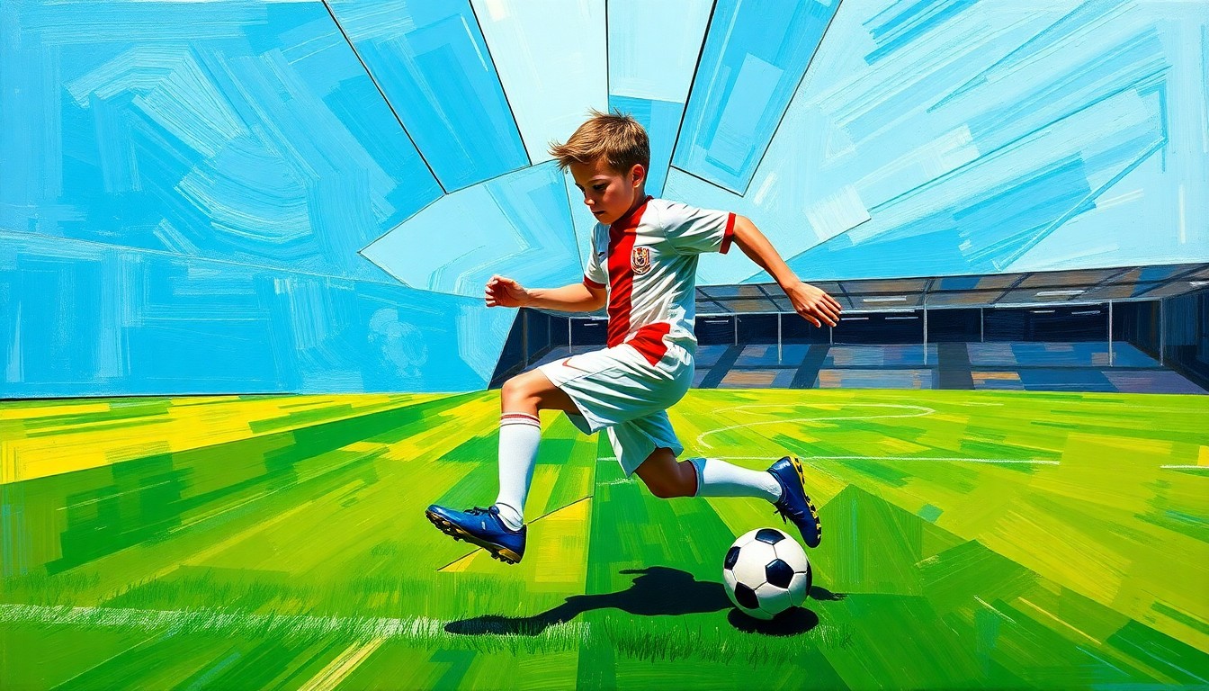 A cubist-style painting depicting a young soccer player in mid-motion, their body and the surrounding field broken into sharp, overlapping geometric shapes in a vibrant color palette, conceptually representing the complexities and uncertainties surrounding the player's development.