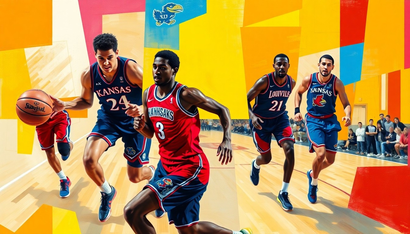 A fragmented, geometric painting in vibrant shades of blue, red, and black, depicting the movements and actions of a college basketball player on the court, representing the complex transfer process and evolving nature of the sport.