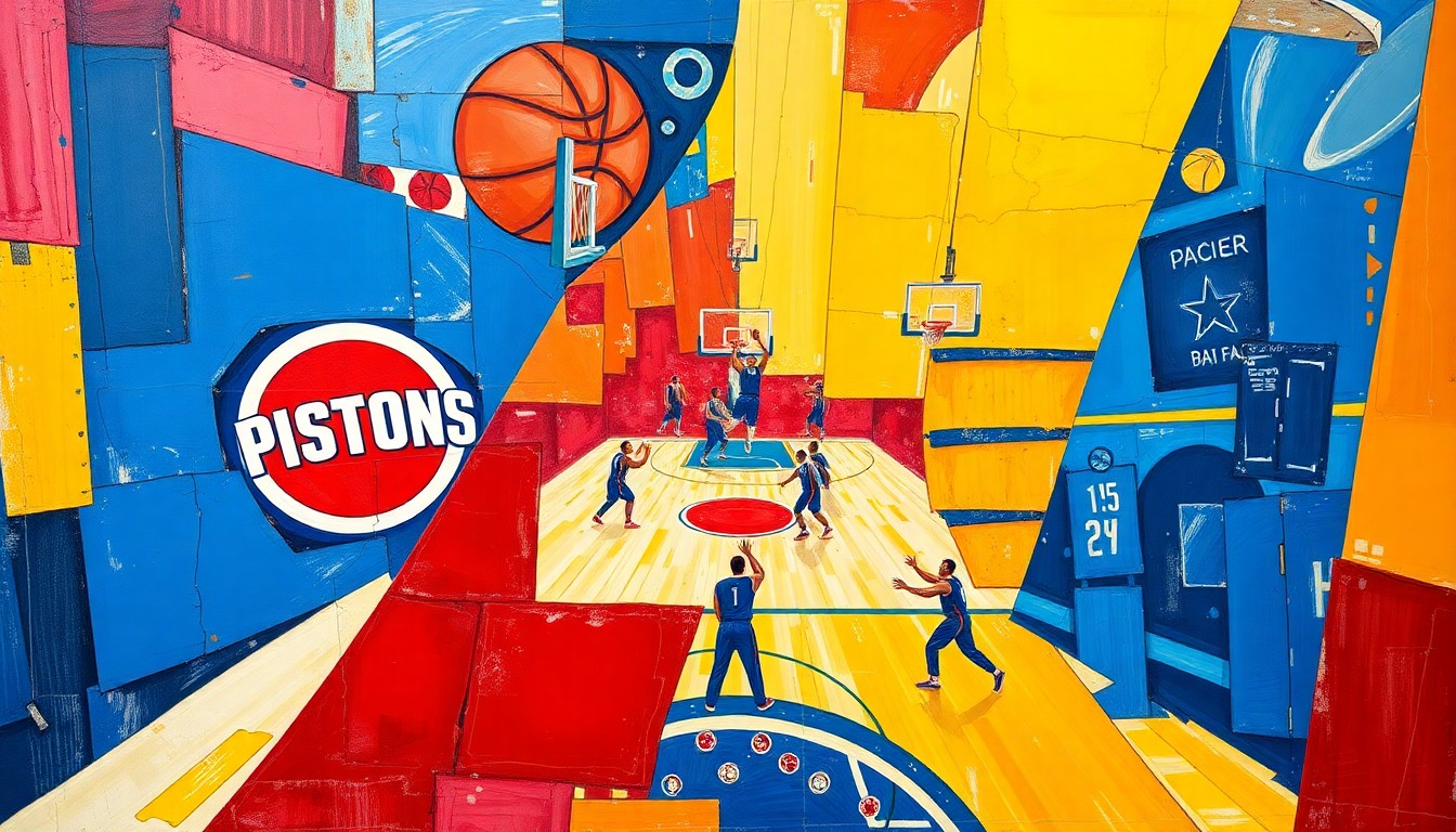 A cubist, geometric painting depicting a basketball game in motion, with sharp, overlapping shapes and planes in the Pistons' blue and red and the Pacers' blue and gold colors.