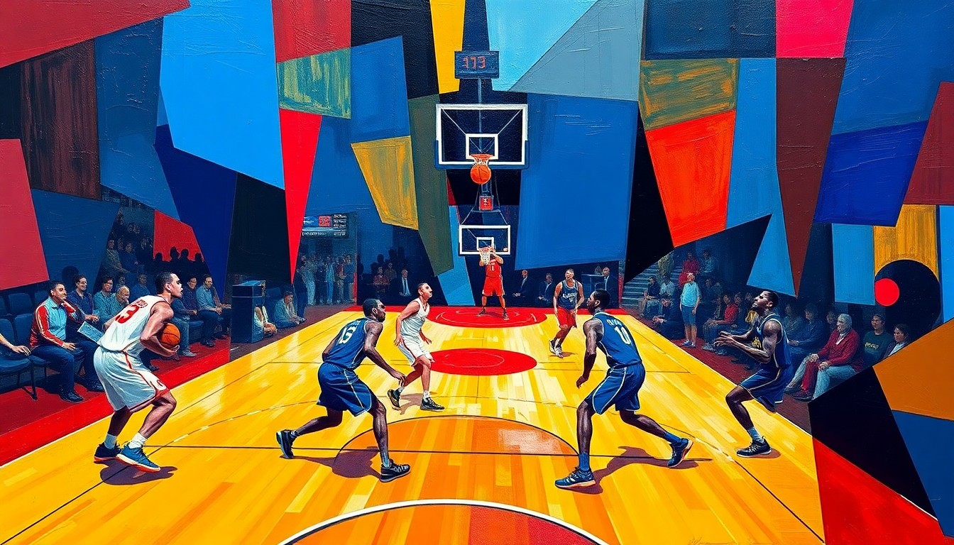 A cubist, geometric painting depicting the dynamic action of a basketball game, with players' forms abstracted into sharp, overlapping shapes in a vibrant color palette.