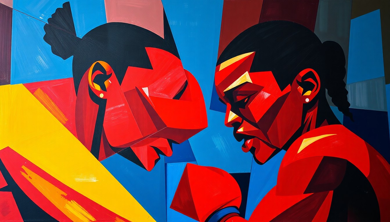 A fractured, cubist-style painting depicting the intense action of a boxing match, with sharp geometric shapes and planes of vibrant red, blue, and yellow colors capturing the raw energy of the fight.