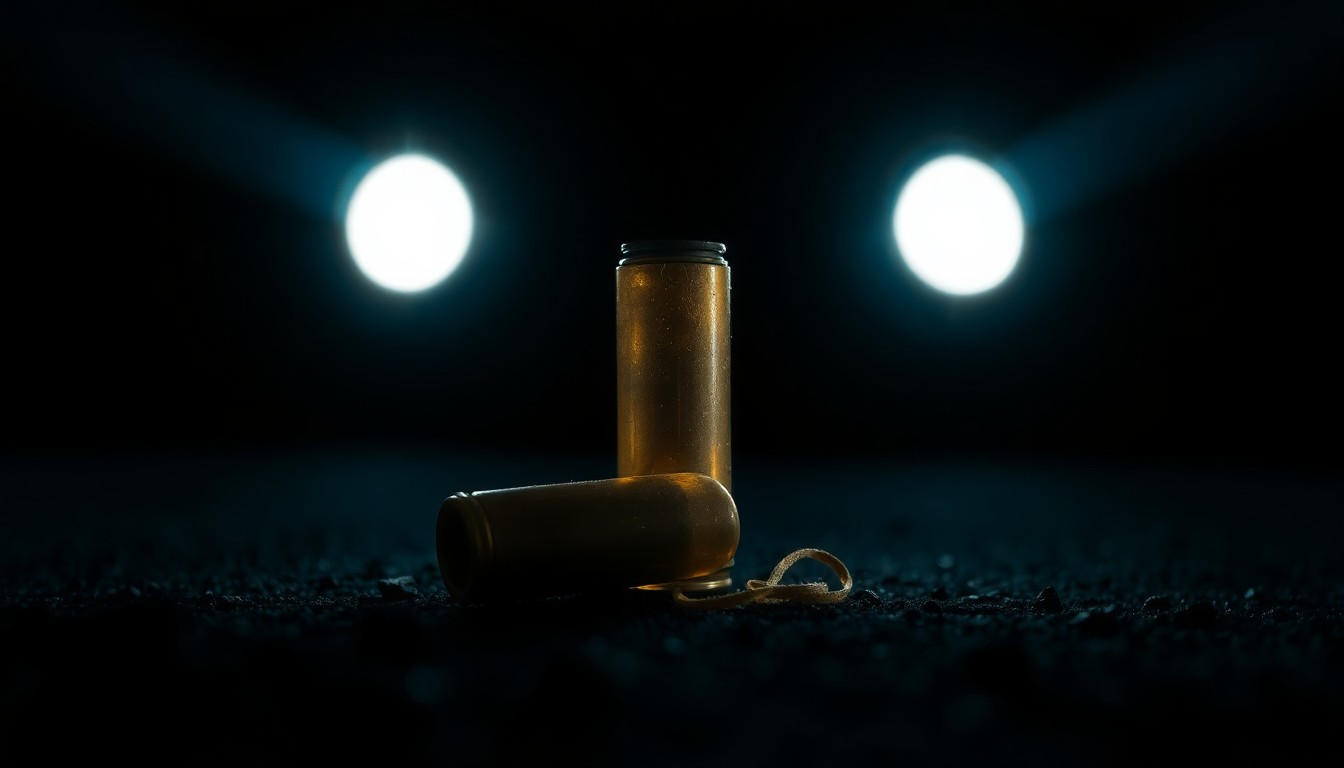 An extreme close-up photograph of a spent bullet casing on the ground, lit by a harsh, direct camera flash against a pitch-black background, conveying a stark, gritty, investigative aesthetic.