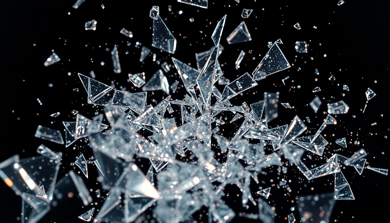An extreme close-up photograph of shattered glass and glittering shards, captured in dramatic studio lighting to create a high-contrast, abstract texture that conceptually represents the fragmented nature of modern media narratives and the competing power dynamics they expose.