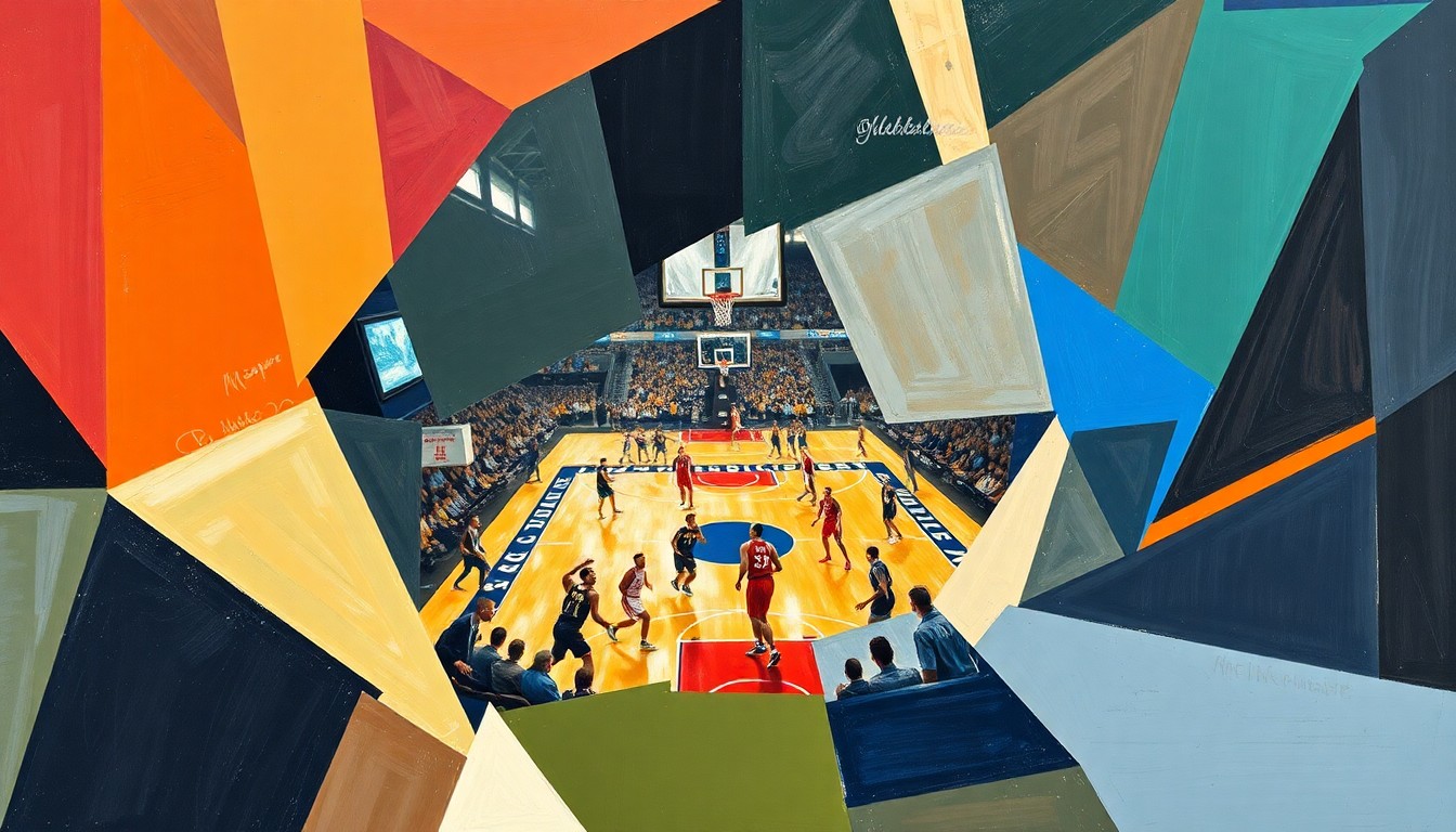 A cubist-style painting depicting a college basketball game broken down into sharp, overlapping geometric shapes and planes, conveying the complex dynamics and shifting narratives of the 2026 NCAA Tournament.