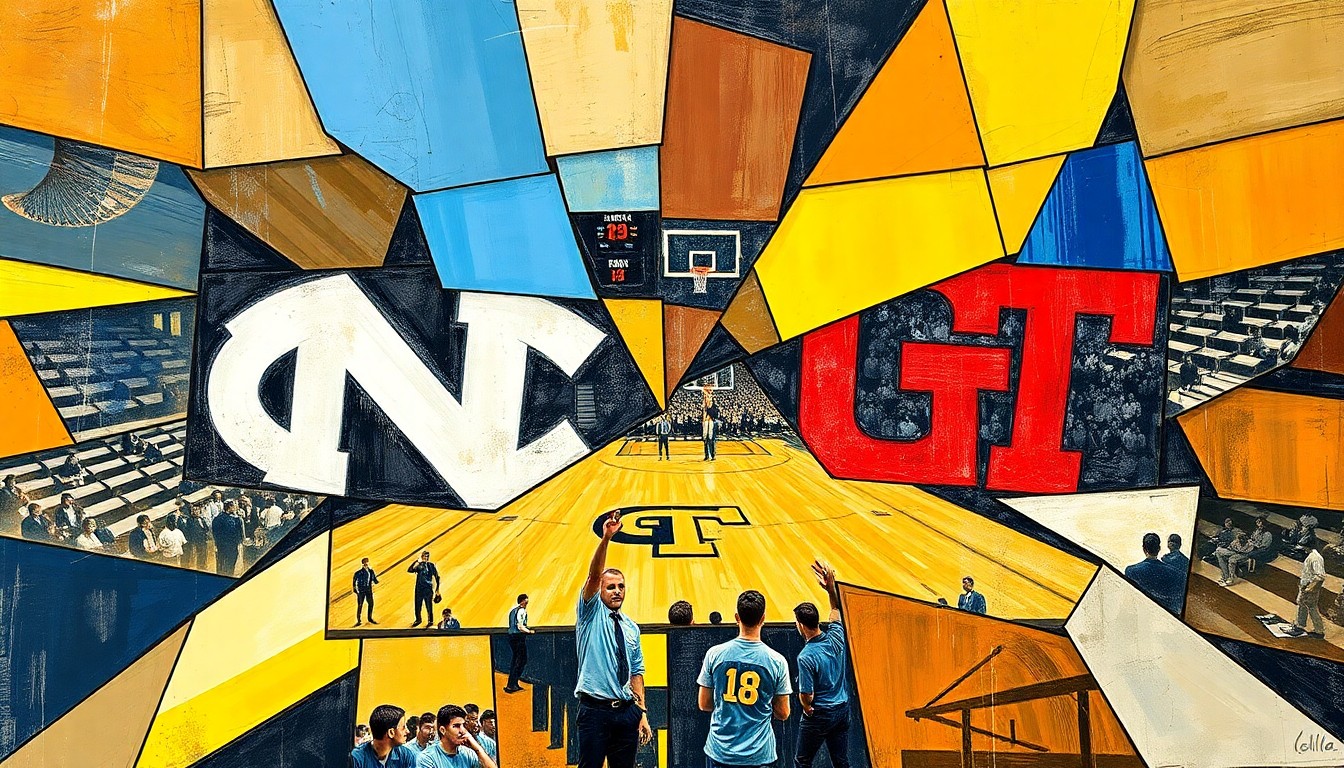A fragmented, geometric painting depicting the basketball game between UNC and Georgia Tech, with sharp, overlapping shapes and planes representing the players' movements and the fast-paced action on the court.