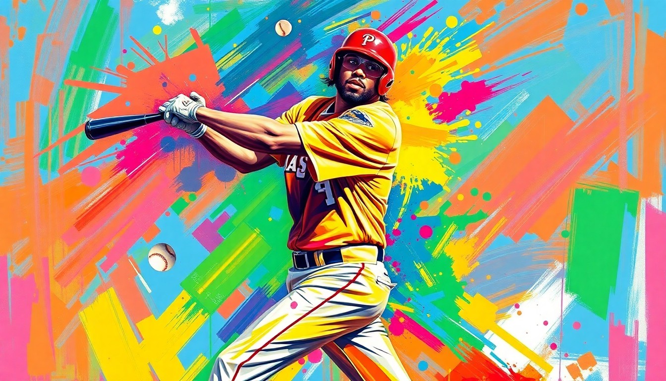 An abstract, expressionist painting in vibrant neon colors depicting a baseball player mid-swing, with blurred motion lines and splashes of paint conveying the raw energy and excitement of spring training.