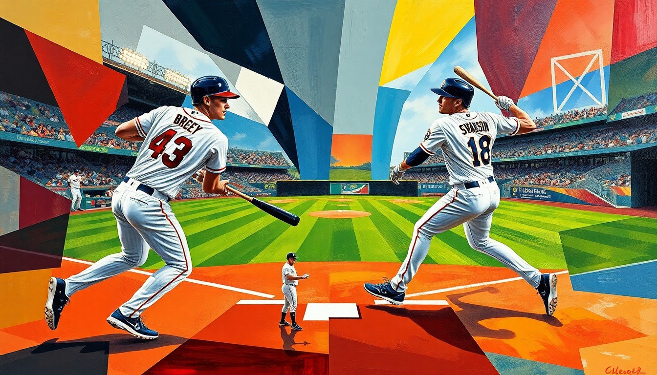 A fractured, cubist-style painting depicting the action of a baseball game or match, with the players' forms broken down into sharp, overlapping geometric shapes and planes in a vibrant color palette, conveying the dynamic energy and contrast of the two star players' reunion.