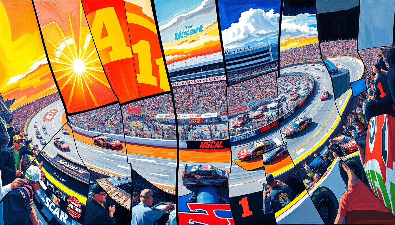 A fractured, multi-perspective painting in bold, geometric shapes and colors representing the Bristol Motor Speedway race and Ty Gibbs' victory, without any identifiable elements.