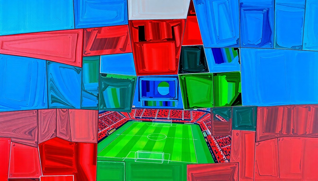 A cubist, geometric painting depicting a fragmented sports arena scene, with sharp, overlapping planes of color representing the diverse perspectives and platforms of modern sports media.
