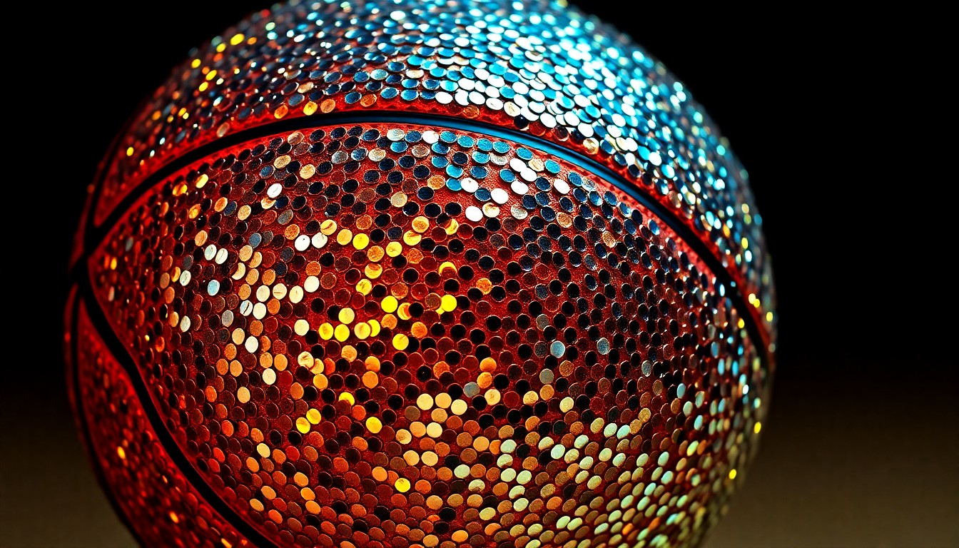 An extreme close-up of a basketball covered in shimmering, reflective sequins, capturing the glamorous aesthetic of the 'Running Point' series.
