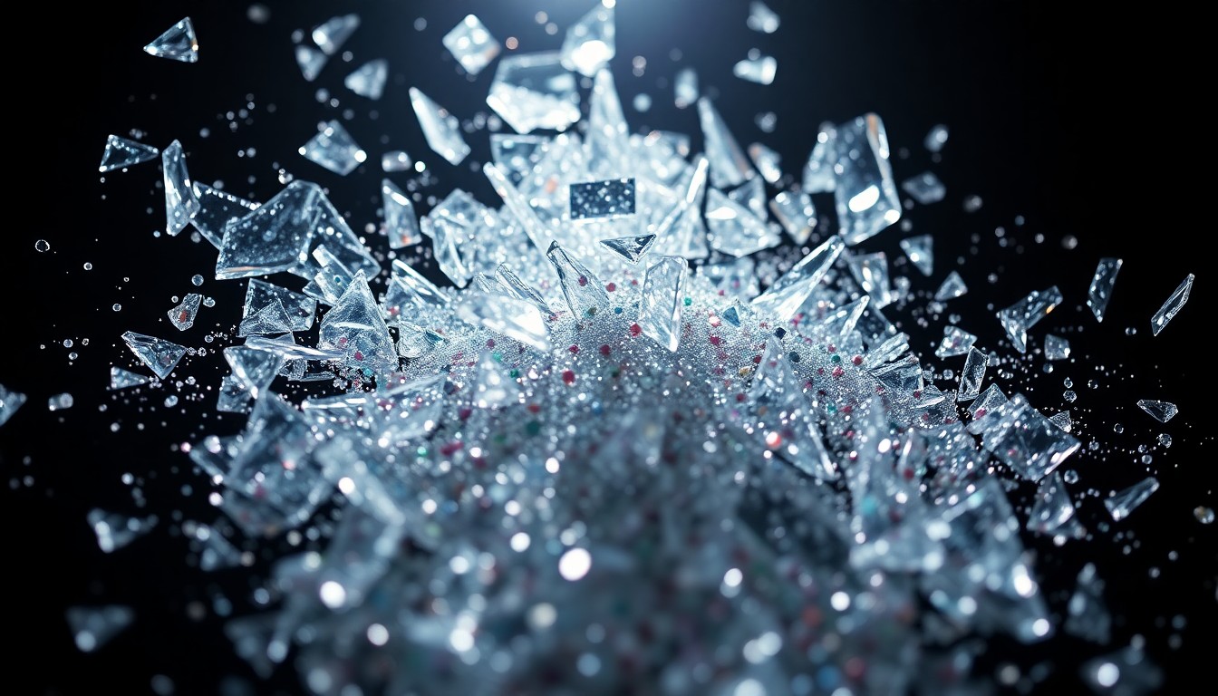 An abstract close-up image of shattered glass and glittering sequins, captured in dramatic high-contrast studio lighting to convey the glamour and drama of the fashion industry on The Bold and the Beautiful.