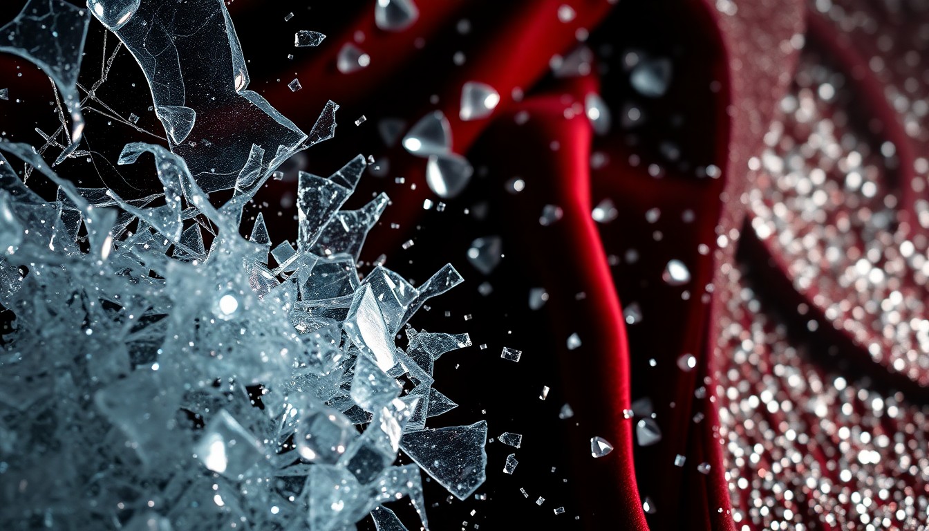 An abstract close-up photograph featuring dramatic, high-contrast textures of shattered glass, glittering sequins, and rich velvet, conceptually representing the glamour and drama of reality TV relationships.