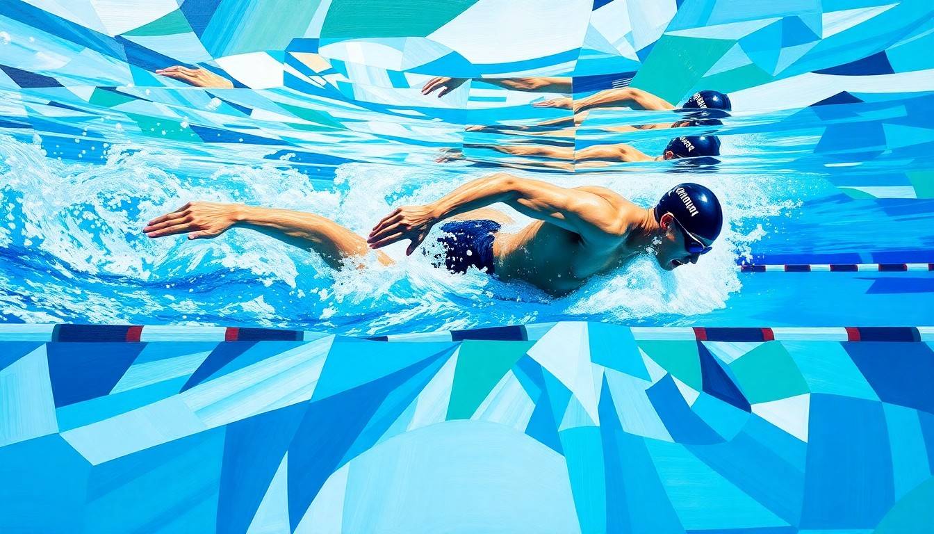 A cubist, geometric painting depicting a fragmented swimming race or competition, with overlapping planes of blue, green, and white representing the water and athletic motion.