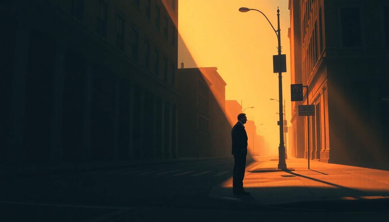 A photorealistic painting of a lone politician standing on a street corner, the warm sunlight casting long shadows across the pavement and buildings around him, conveying a sense of contemplation and solitude.
