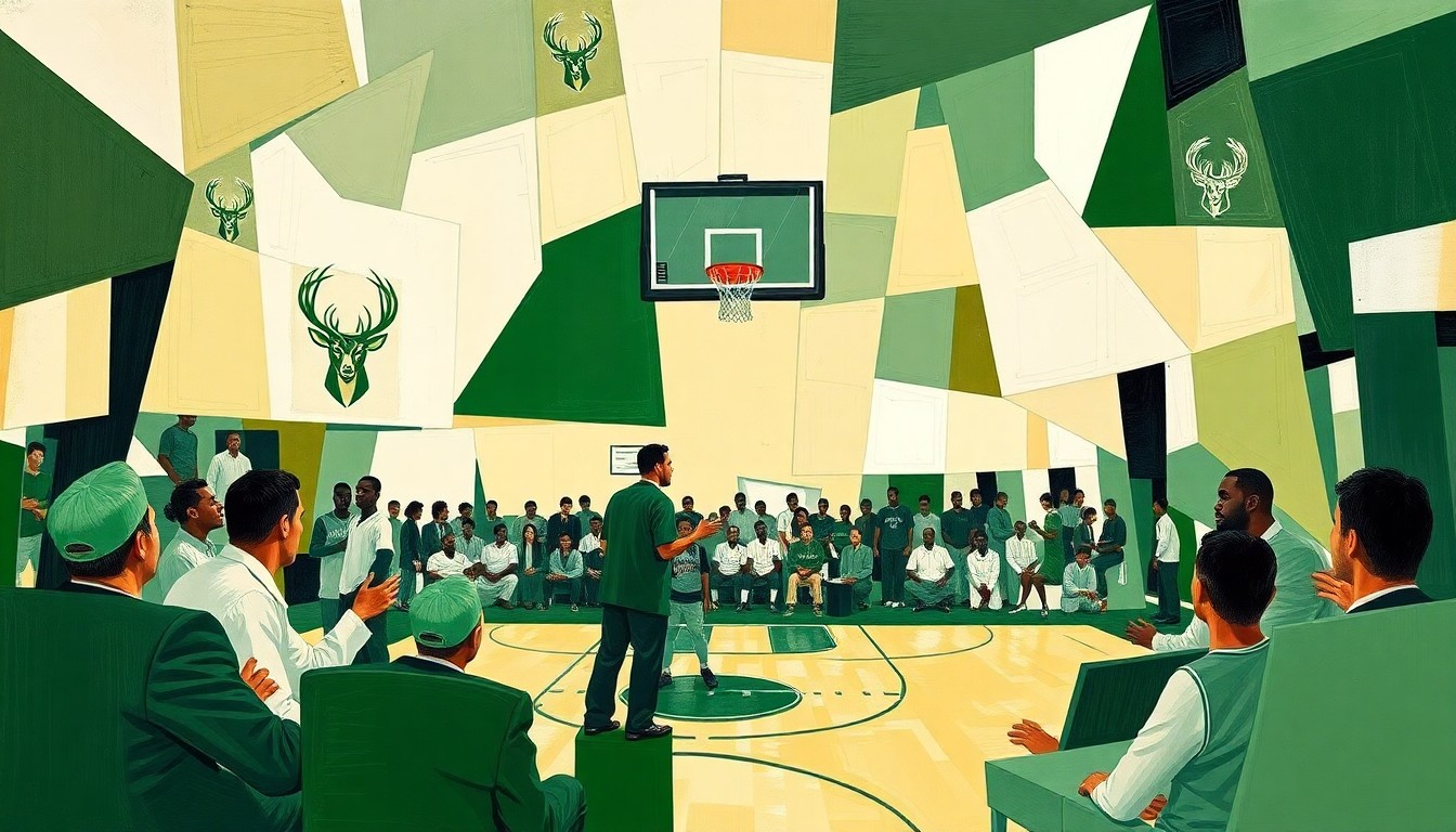 A cubist, geometric painting depicting fragmented, overlapping shapes and planes in the Bucks' team colors, representing the instability and change within the franchise's coaching staff.