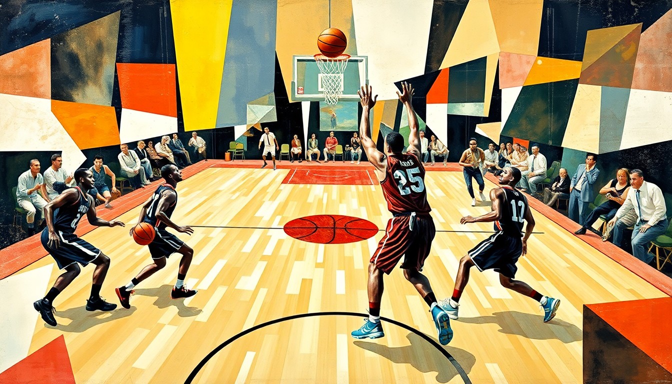 A cubist, deconstructed painting depicting the dynamic motion of a basketball game, with the players' forms broken down into overlapping geometric shapes and planes in vibrant colors.