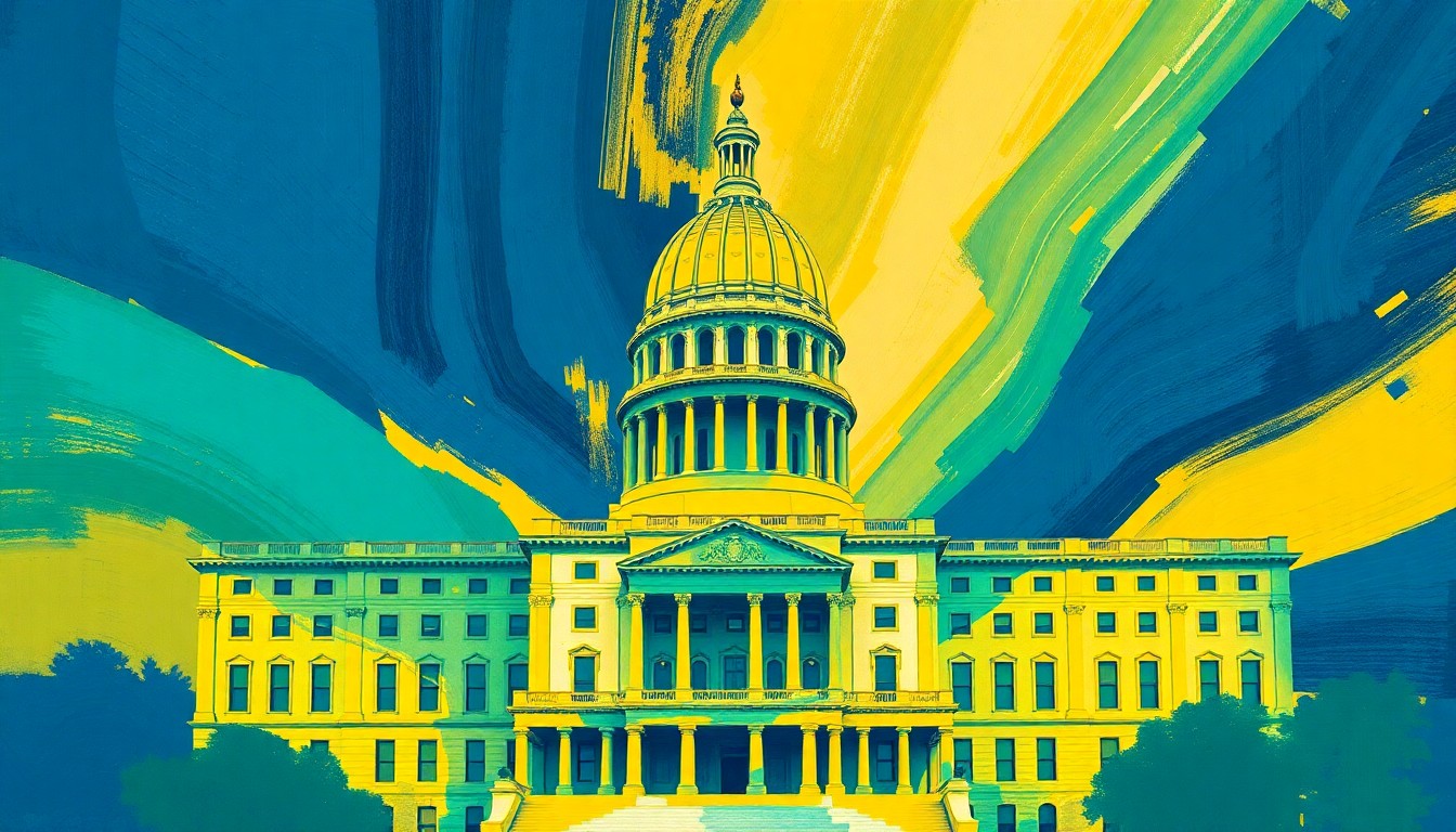 A vibrant, abstract painting depicting an Illinois state capitol building in a fractured, geometric style, with overlapping waves of deep blue, emerald green, and golden yellow hues conveying a sense of dynamic change and progress.