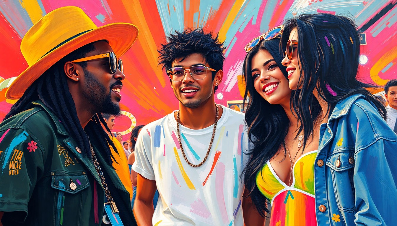 A dynamic, abstract painting in neon colors depicting the energy and excitement of a social gathering, with no identifiable figures or text.