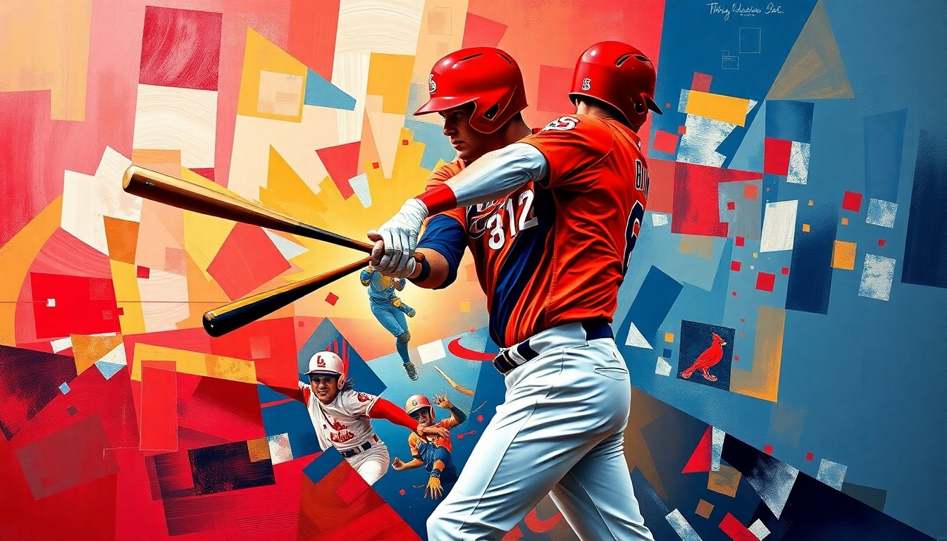 A cubist-style painting depicting a baseball player in mid-swing, with the ball and player's body fractured into overlapping geometric shapes in the Cardinals' team colors of red, navy, and gold, conveying the explosive energy of a home run.