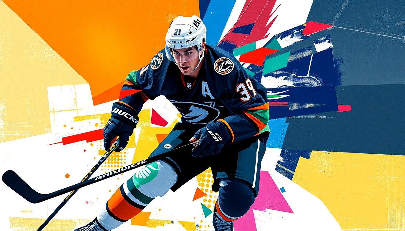 A fragmented, geometric painting depicting a hockey player in mid-motion, with sharp planes of teal, orange, and blue representing the dynamic energy of the game.