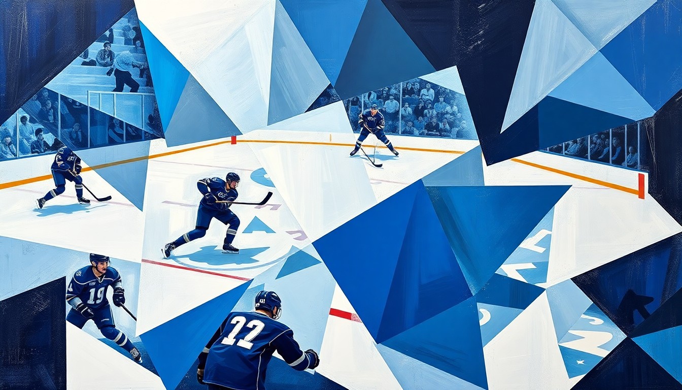 A cubist, geometric painting depicting the abstracted forms of college hockey players in motion, with sharp, overlapping planes of deep blue, bright white, and metallic silver colors representing the multifaceted factors behind a top prospect's decision to stay in school.