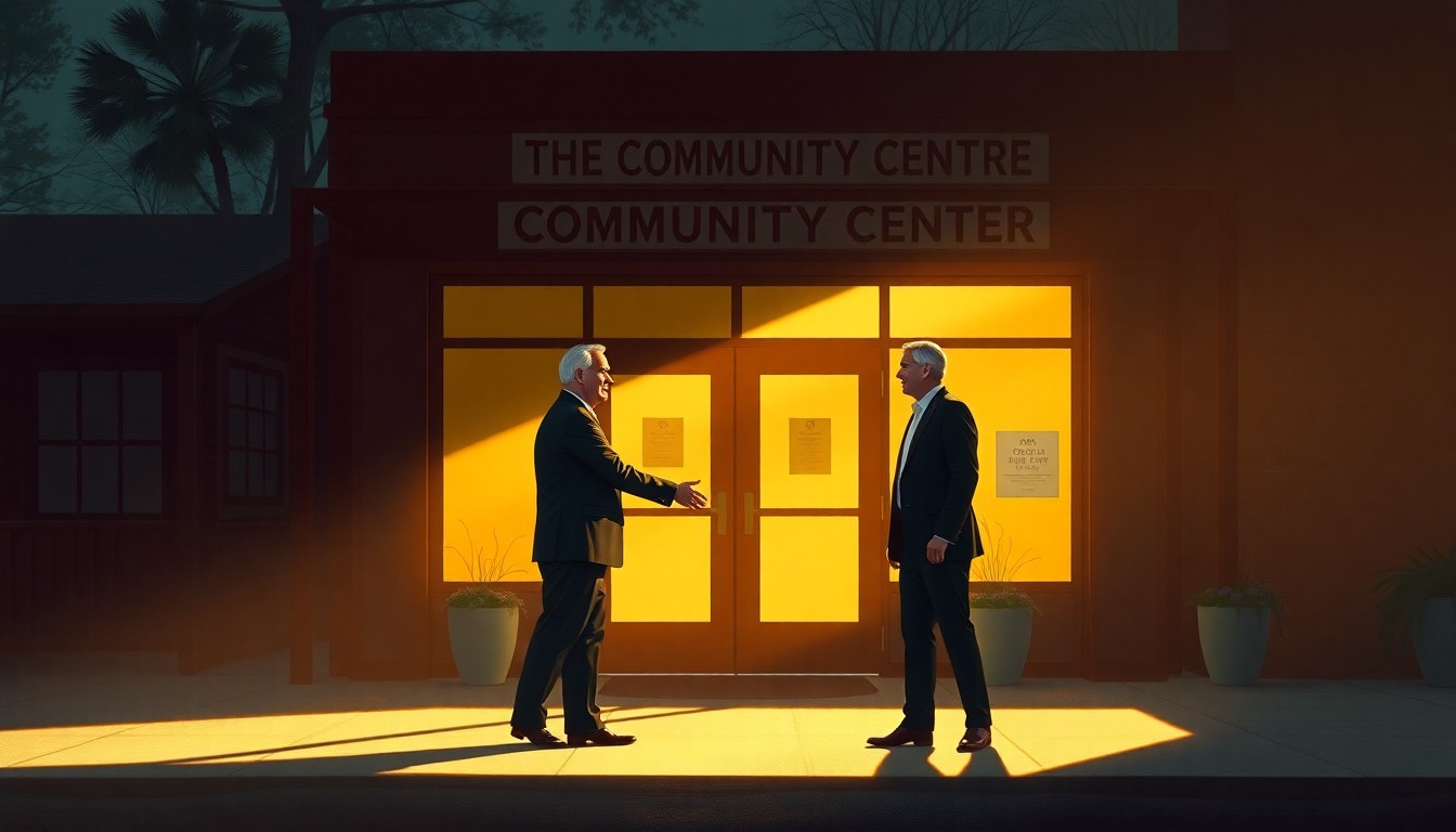 A detailed oil painting depicting two men in suits shaking hands in front of a nondescript community building, with the scene bathed in warm, dramatic lighting and deep shadows, conveying a sense of quiet political drama.