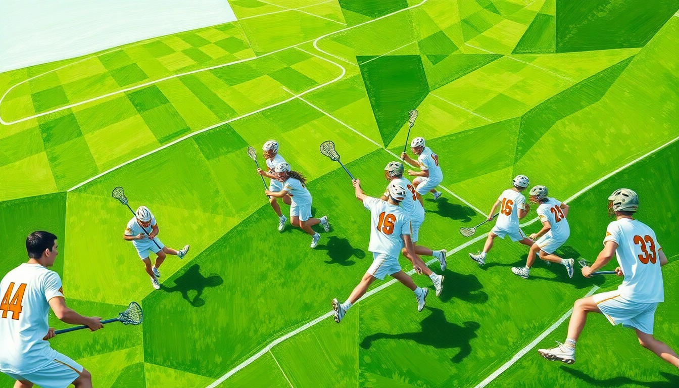 A fragmented, geometric painting depicting the dynamic motion and competition of a high school lacrosse game, with sharp planes of green, white, and other colors representing the players, field, and equipment.