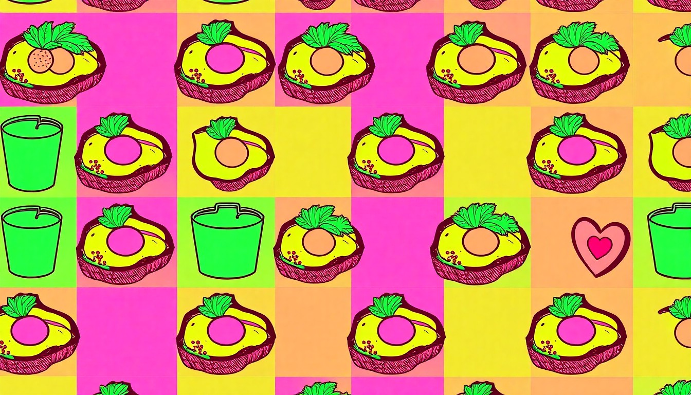 A highly stylized, repeating grid of a single healthy food item rendered in bold, neon-bright colors and heavy black outlines, conceptually representing the fresh and nutritious menu at the new Green Eats cafe.