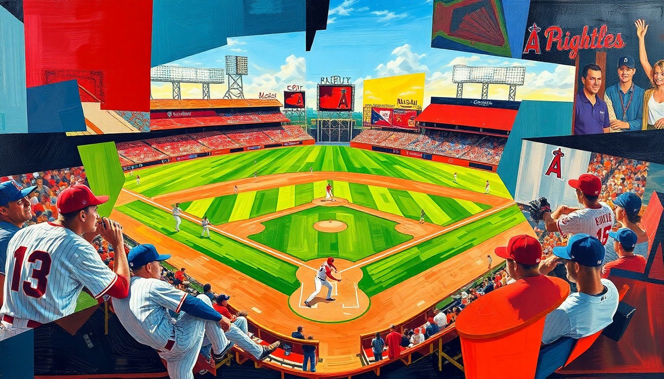 A fragmented, geometric painting depicting a baseball game, with the players and field broken down into sharp, angular shapes and planes in a cubist style, using the vibrant colors of the Reds and Angels uniforms.
