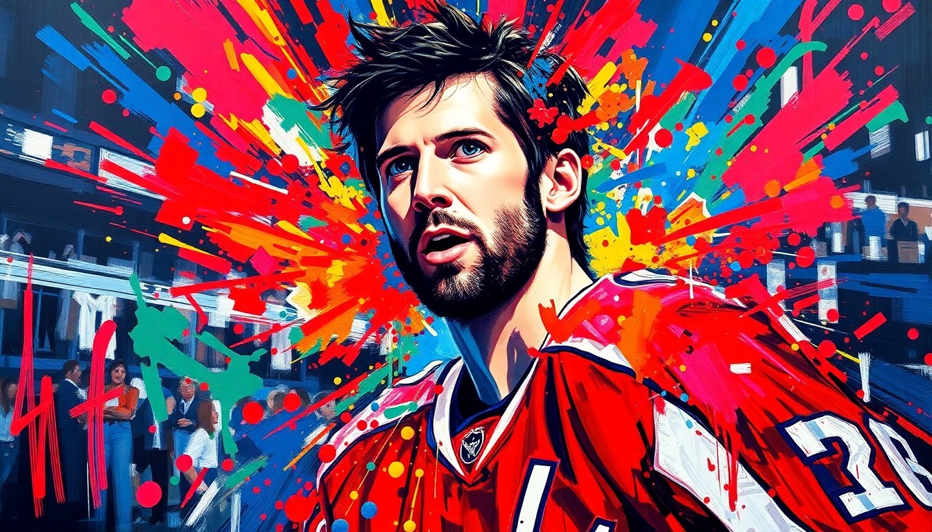 An abstract, expressionist painting featuring bold, neon-colored brushstrokes that capture the raw energy and emotion of a hockey player's movements, with the player's face and jersey number dissolving into unrecognizable splatters of paint, conceptually representing the end of an era for a legendary NHL player.
