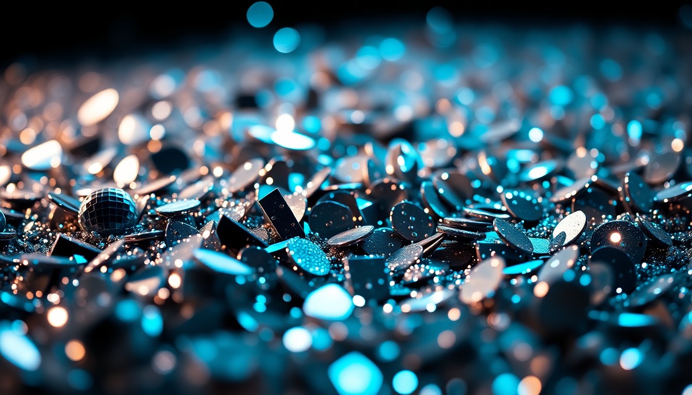 An abstract, high-contrast close-up image featuring a dazzling array of glittering sequins and shattered disco ball fragments, conceptually capturing the glamour and energy of Ravinia's summer music festival.