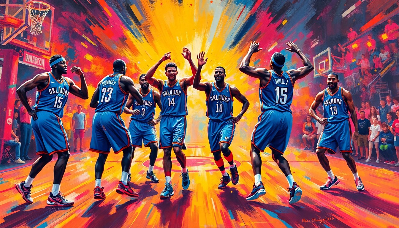 A dynamic, abstract painting in vibrant neon colors depicting the energetic movements and celebrations of a basketball team, capturing the spirit of the Oklahoma City Thunder players as they enjoy each other's company on the court.
