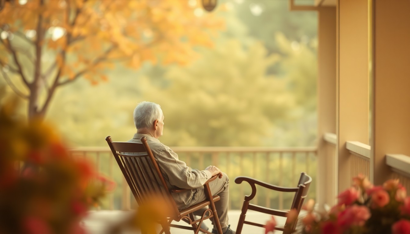 An abstract, impressionistic photograph in soft, warm tones depicting the blurred outline of an elderly man sitting in a rocking chair on a porch, surrounded by the hazy shapes of nature, conveying a sense of nostalgia and the passage of time.