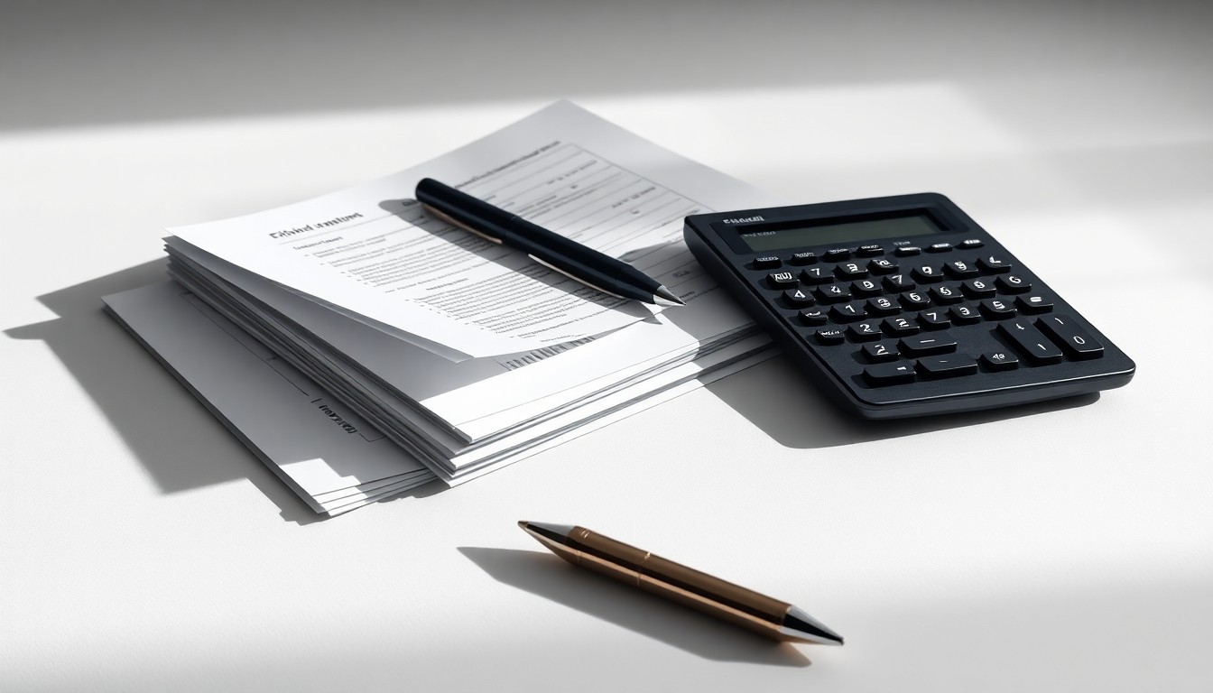 A photorealistic studio still life featuring a stack of financial documents, a pen, and a calculator arranged on a clean white background, conveying the abstract concepts of corporate strategy, finance, and risk through carefully composed geometric shapes and dramatic lighting.