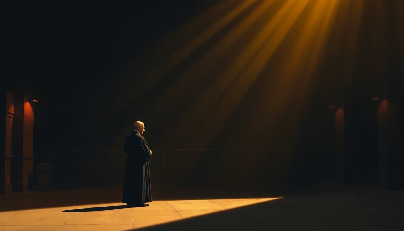 A solitary figure in clerical robes stands in a dimly lit urban alley, the warm sunlight casting deep shadows across the scene, creating a pensive and introspective mood.