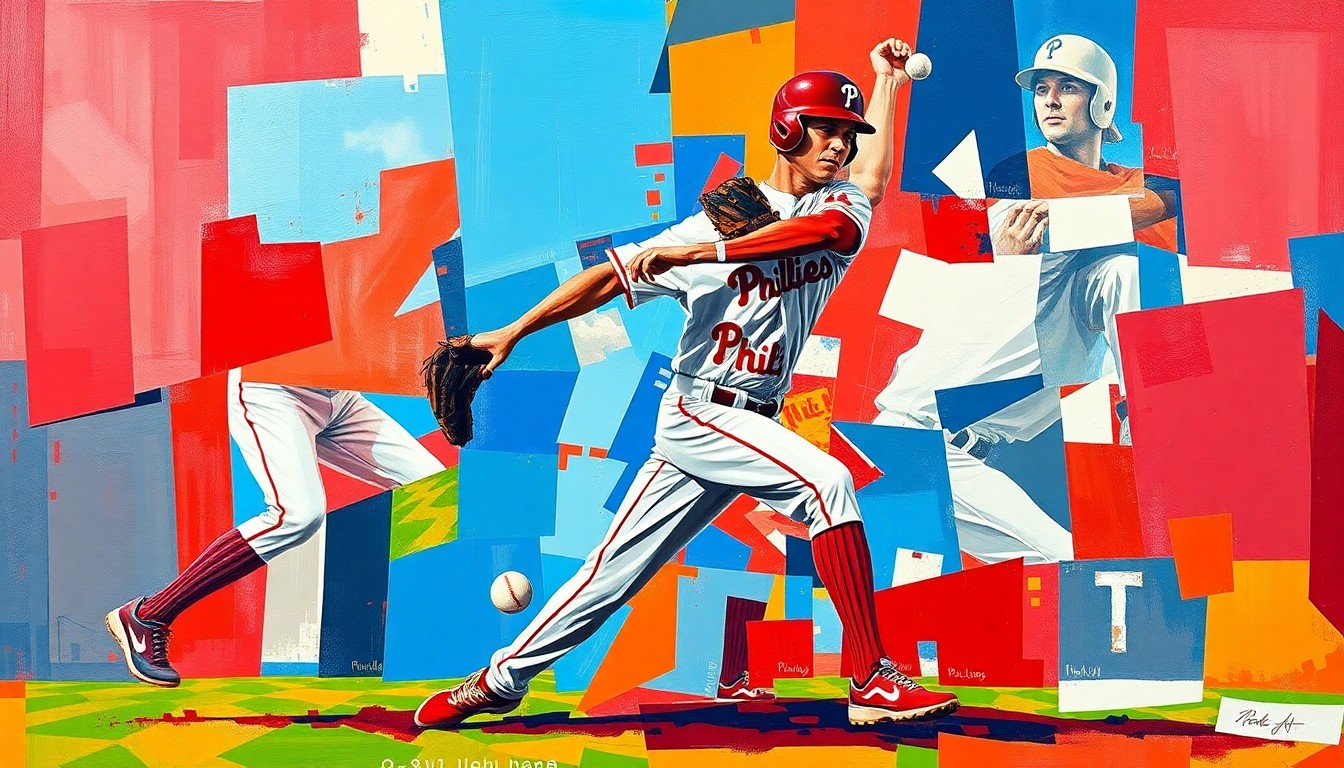 A cubist-style painting depicting a baseball outfielder's movements and actions broken down into sharp, overlapping geometric shapes and planes in vibrant Phillies red, blue, and white colors, conceptually representing the team's risky decision to acquire Grichuk.