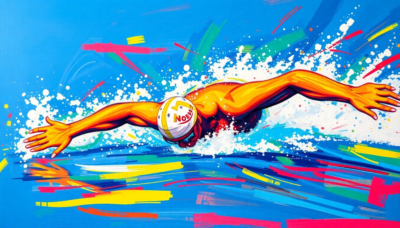 A dynamic, expressionist painting in vibrant neon colors depicts the explosive energy and fluid motion of a swimmer cutting through the water, conveying the intense physicality of elite-level competition.