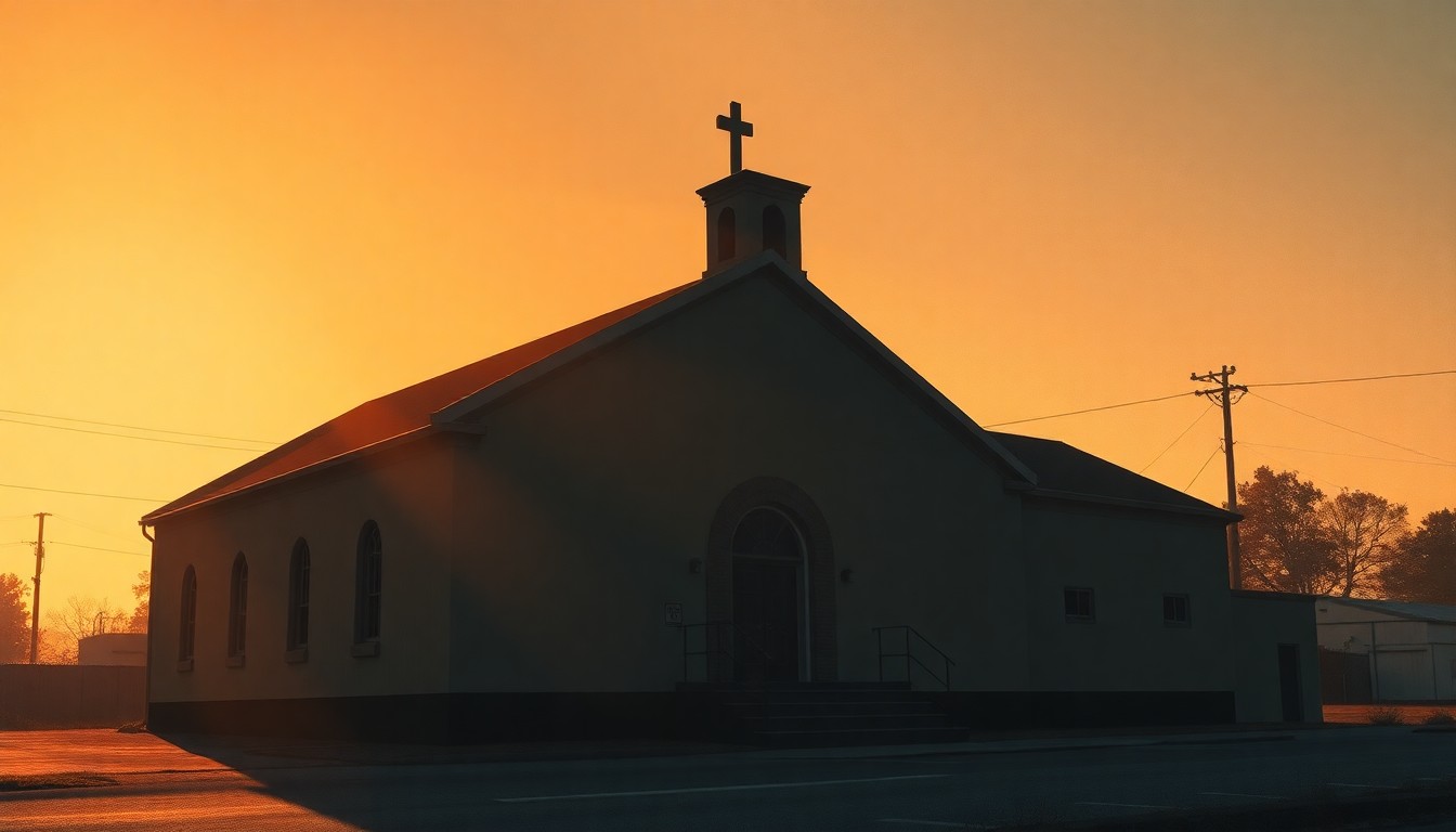 A serene, painterly image of a church building in warm, golden light, conveying a sense of community and resilience in the face of immigration challenges.